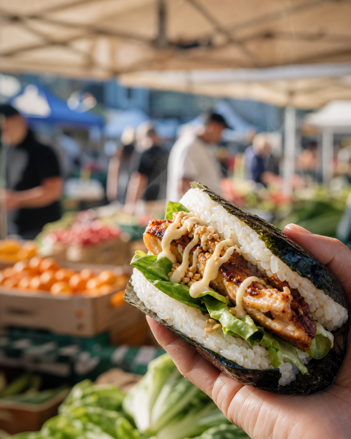 Fresh onigiri burger at a market